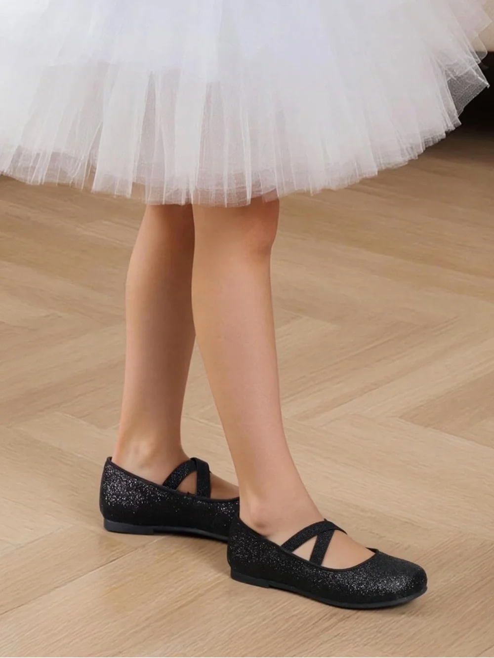 Dream Pairs Girls Black Glitter Cross-Strap Mary Jane Flats